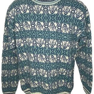 Vintage Concrete Men’s Knit Winter Sweater XL 20 Teal Blue White Geometrical.